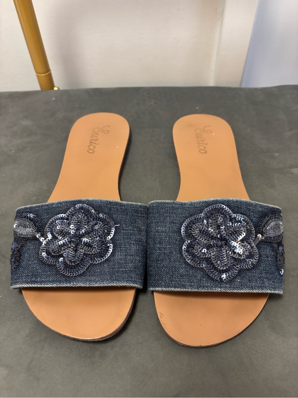 Denim Navy Sequin Flower Slide Sandals with Tan Insole